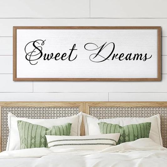 Sweet Dreams Wall Decor Above Bed 40x15 Inch Large Master Bedroom Hanging Wood Rustic Framed Farmhouse Sweet Dreams Sign Guest Room Aesthetic And Minimalist Over Bed Wall Art（Wood White）
