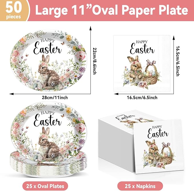 Happy Easter Oval Paper Plates Vintage Bunny Rabbit Flower Plates and Napkins Party Decorations Easter Floral Party Supplies 11inch Heavy Duty Dish Tray Dinnerware for Spring Picnic, 25 Guest