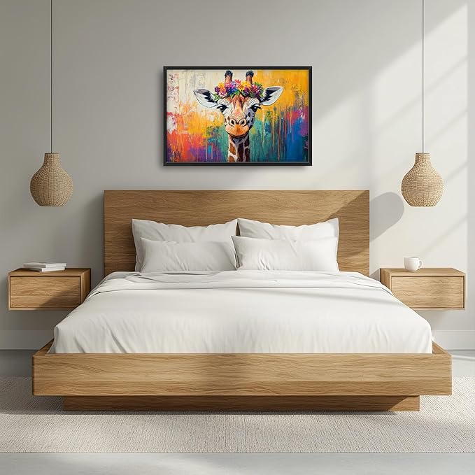 Framed Large Wall Art for Living Room, Banksy Deer Canvas Wall Decor, Large Giraffe Picture Framed Painting, Modern Artwork for Bedroom Office 36L'' × 24W''