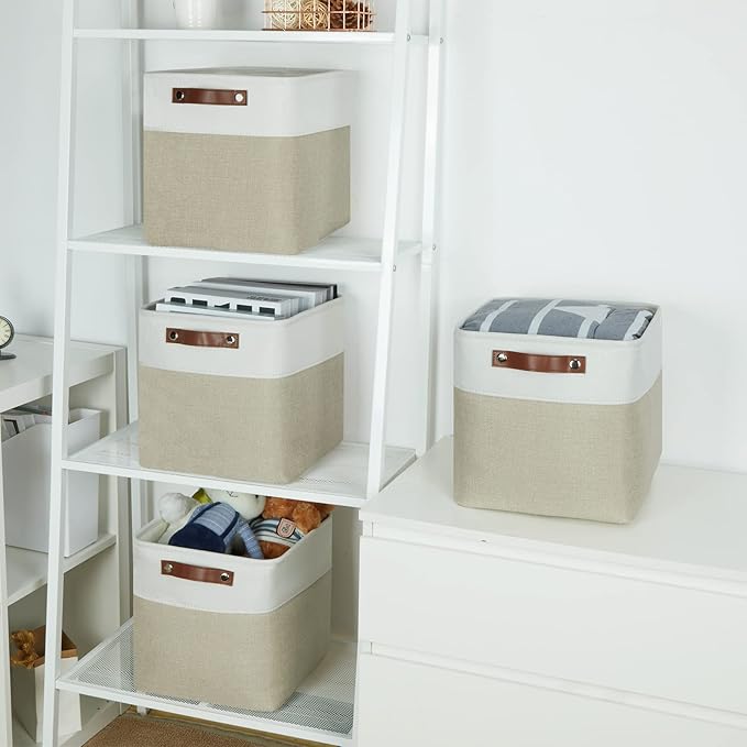 Temary 11 x 11 Cube Storage Bins Fabric Storage Baskets 4 Pack Cubes Baskets with Handles for Organizing Clothes, Organizer Bins for Storage (White&Khaki)