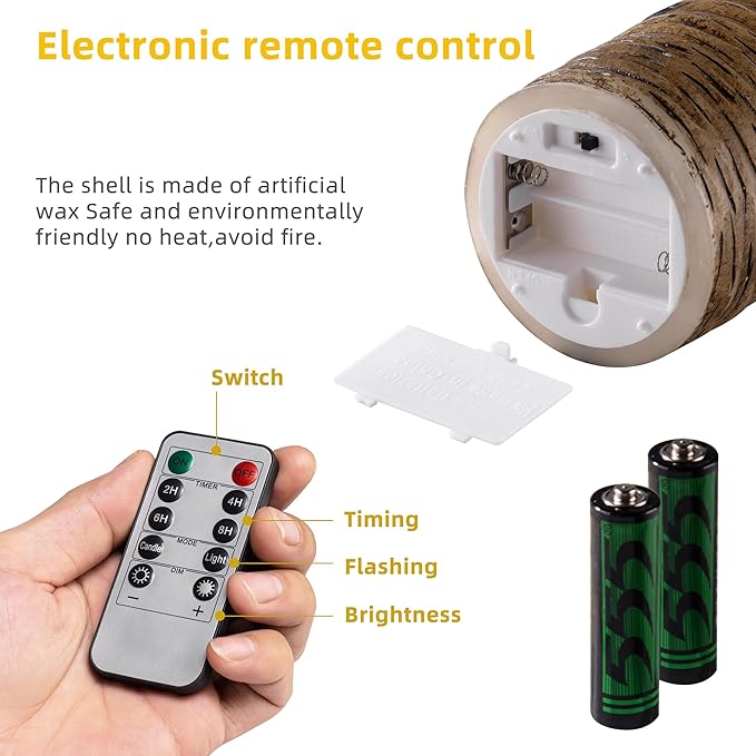 Birch Bark Effect Flameless Candles Battery Operated Pillar Real Wax Flickering Electric LED Candle Sets with Remote Control Cycling 24 Hours Timer, 4" 5" 6" Pack of 3
