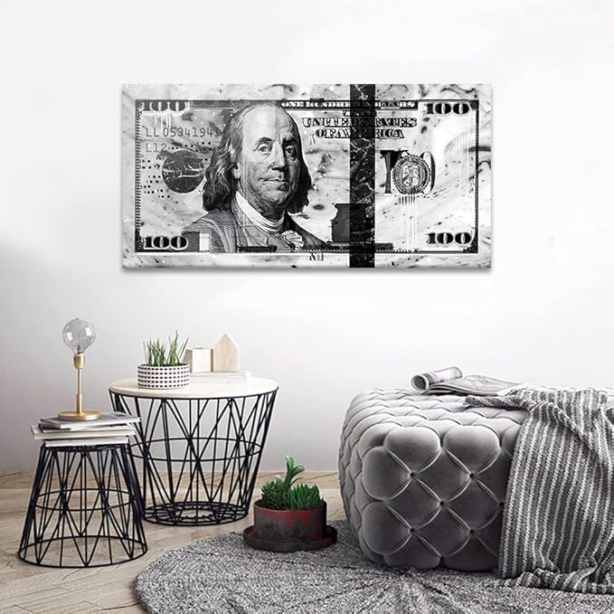 Black and White Graffiti Dollar Wall Canvas Painting Picture Artwork for Home Walls Large 100 Bill Giclee Canvas Wall Picture Creative Money Art Print Positive Modern Home Decor Easy to Hang-40"Wx20"H