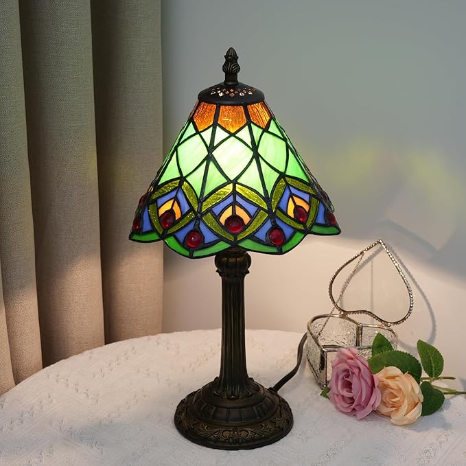 8 Inch Tiffany Style Stained Glass Table Lamp, Peacock Feather Pattern Retro Style Design, Suitable for Bedroom Bedside Lamp Office Study and Other Home Art Decoration (Green)