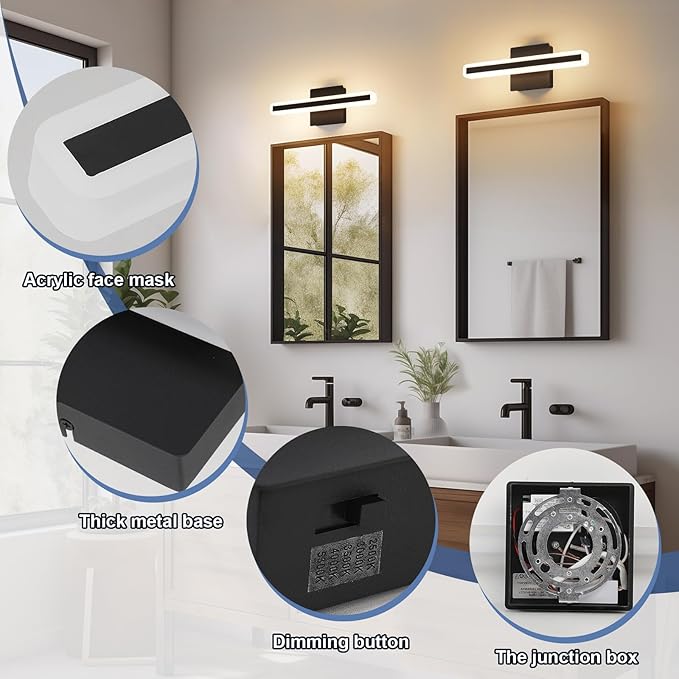 LED Modern Bathroom Vanity Light 15.7 inch 16W Dimmable 5CCT Led Bathroom Light Fixture Over Mirror, Black Bar for Mirror Restroom-ETL Certificated