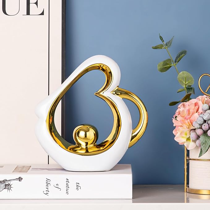 Gold Sculpture Home Decor, Modern Ceramic Statue, White Sculpture Heart Shape, Entry Table Decor, Living Room Table Centerpiece Ornament, Abstract Art Sculptures Home Decor