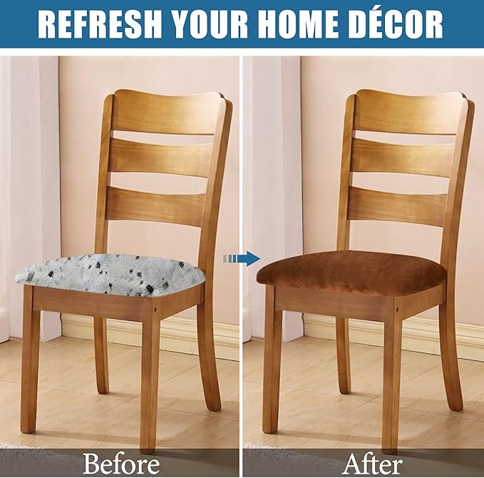 Smiry Velvet Seat Covers for Dining Room Chair Set of 6, Stretch Fit Removable Washable Chair Seat Cushion Protector Slipcovers with Ties, Camel