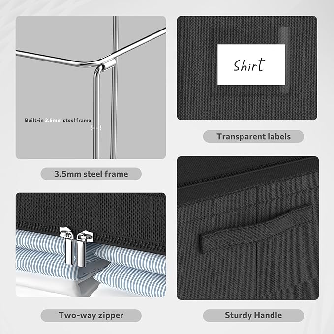 Clothes Storage Bins Box - Linen Fabric Foldable Stackable Container Organizer Set with Clear Window & Carry Handles & Metal Frame (Black, Large-66L)