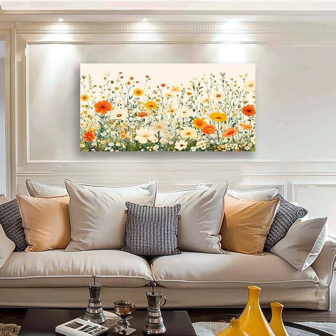 KZKU Floral Canvas Wall Art for Bedroom Living Room Orange and White Wildflowers Modern Botanical Print Watercolor style Flower Picture Artwork Home Wall Decoration