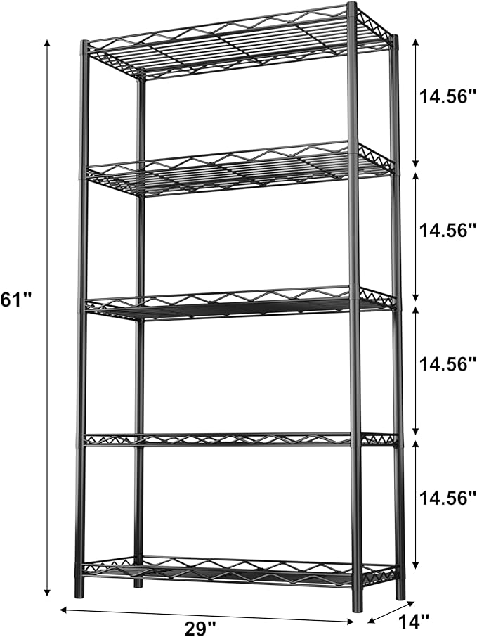 HOMEFORT 5-Tier Wire Shelving Unit, Extra Wide Metal Storage Rack, Free Standing Rack, Durable Organizer Perfect for Pantry Closet Kitchen Laundry Organization in Black, 29" W x 14" D x 61" H