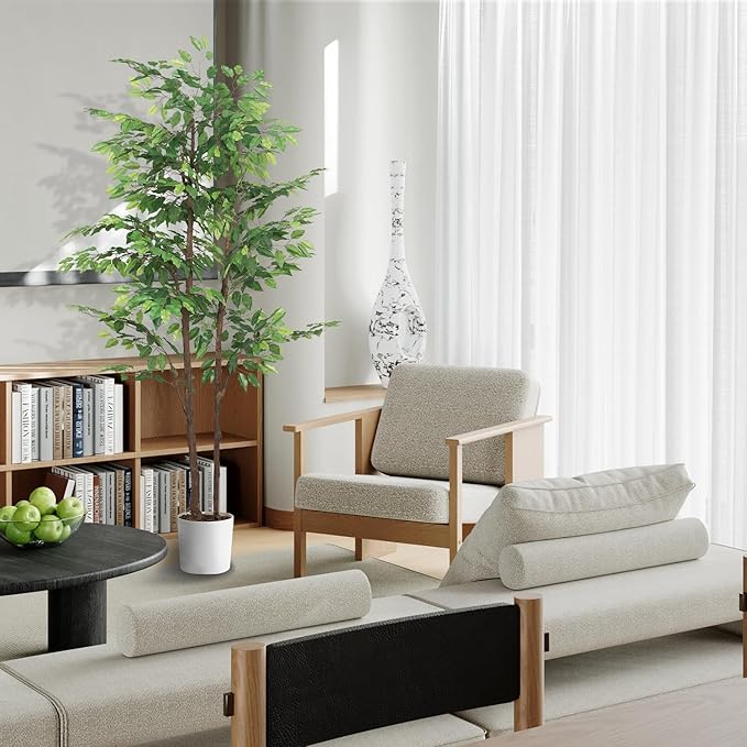 Artificial Ficus Tree 7ft(84in) Faux Floor Potted Tree for Indoor Decor Large Realistic Trees Plants with Silk Leaves and Natural Wood Trunk for Home Living Room,Office Foyer Decor.