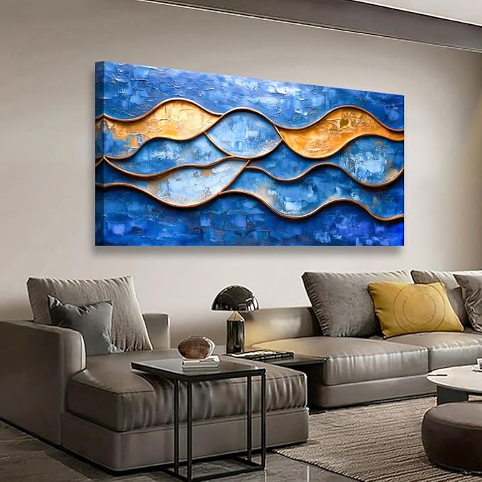 Abstract Pictures Canvas Wall Art for Living room Office Bedroom Wall Decor, Linear Wall Art Print Paintings Modern Blue Golden Abstraction Artwork Waterproof Ready to Hang-20x40inch