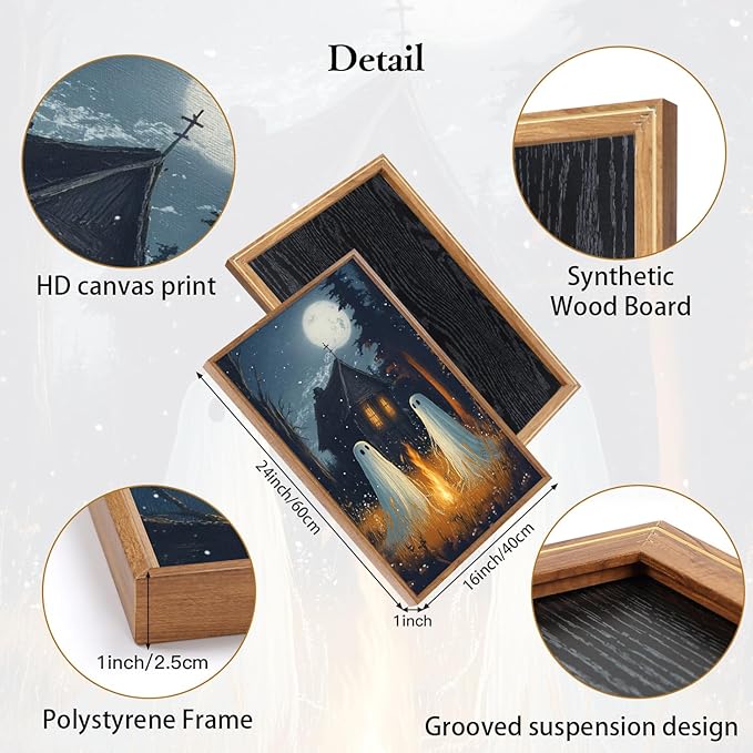 CHDITB Spooky Ghost Framed Canvas Wall Art Set, Halloween Party Gothic Wall Decor, Moonlit Cabin Art Cute Ghost Wall Painting, Vintage Country Landscape Art Prints for Living Room Bedroom 16"x24"x3