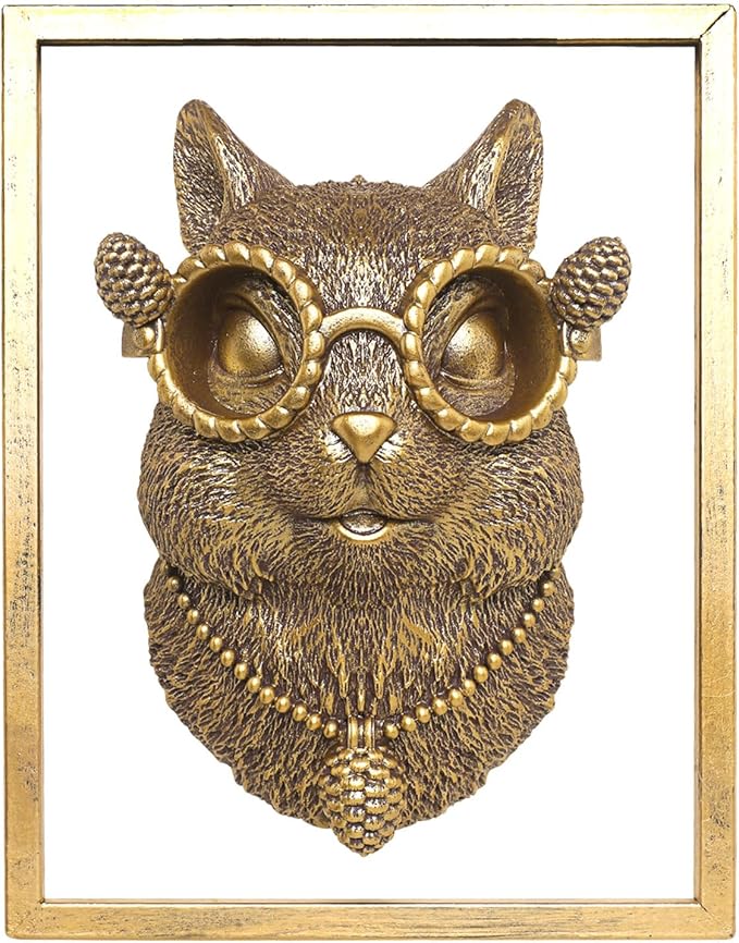 Animal Heads Wall Decor (Includes Metal Frame) Resin Animals Sculptures Head Wall Hanging Decoration Gold vintage Wall Sculpture for Living Room Bedroom Office(Squirrel)