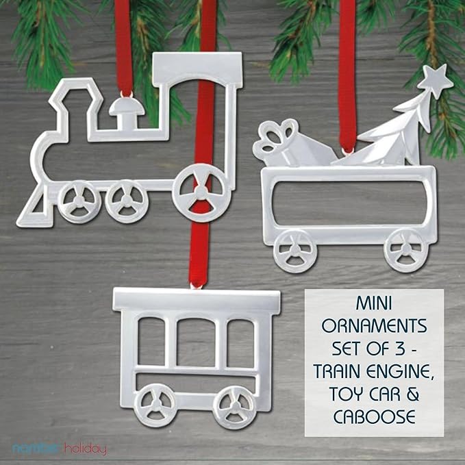 Nambe Holiday Train Mini Ornament Set – 3-Piece Engine, Toy Car & Caboose, Silver and Gold Plated Christmas Ornaments for Tree, Festive Holiday Décor, Gift Toppers or Collectible Keepsakes, 3" Each