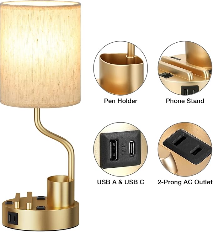 Gold Bedside Table Lamps for Bedroom Set of 2 - Nightstand Light with AC Outlet and USB A & C for Charging, 3 Color Temperatures Desk Lamp with Pen Holder & Phone Stand for Living Room/Dorm/Office