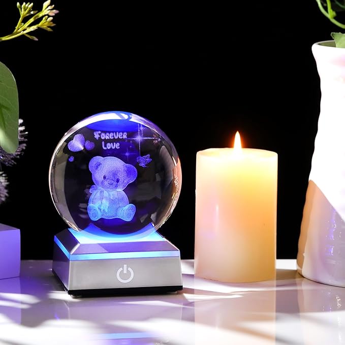 Ornalrist 3D Crystal Ball Engraved Bear and Forever Love Text with LED Base 3.15'' - Gifts for Woman, Girlfriend, Wife on Birthday, Valentine's Day Anniversary - Bear Figurine Collection Home Decor