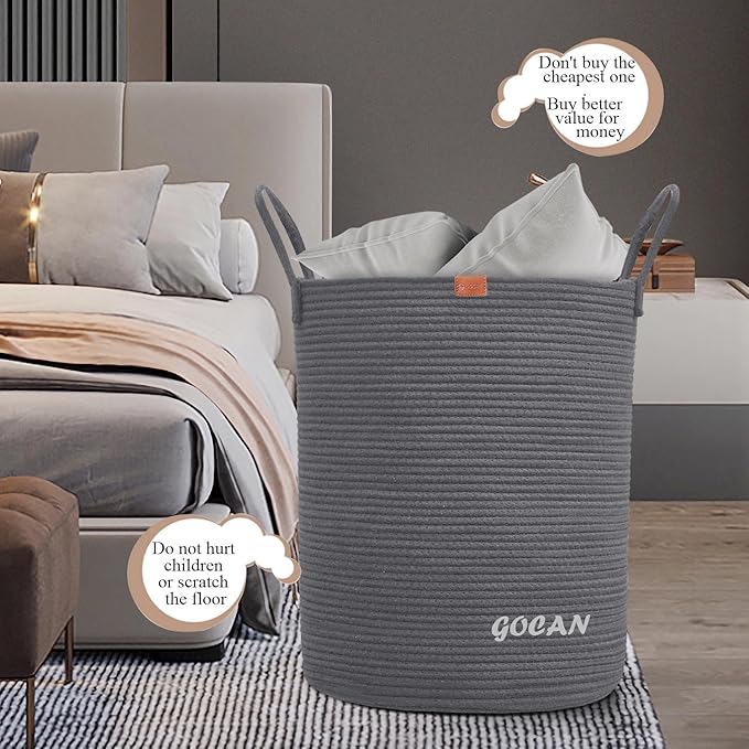 large tall sturdier Laundry Hamper Basket Woven Storage Baskets for clothes Pillows Blanket Toy in living or bed room decoration H50XD38cm darkgrey