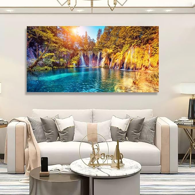 Lake Water Pictures Canvas Wall Art for Living room Bedroom Wall Decor,Waterfall Wall Art Print Paitnings for home Decor,Morden Artwork Sunset Tree Canvas Art Waterproof Stretched Ready to
