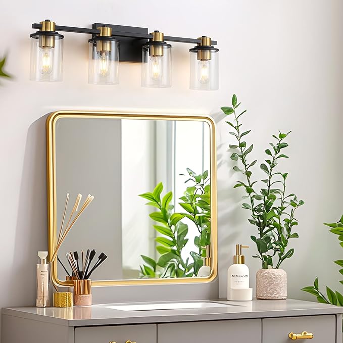 LOUSACE Bathroom Lighting Fixtures Black and Gold 4 Light Bathroom Vanity Light Over Mirror with Clear Glass Shades, Brushed Gold Socket Wall Vanity Lighting Fixtures for Bedroom Living Room
