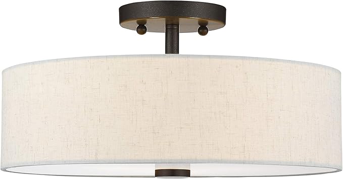 Livex Lighting 52135-92 Meridian Collection 3-Light Semi Flush Mount Ceiling Fixture with Oatmeal Color Fabric Hardback Drum Shade and Satin White Diffuser, English Bronze