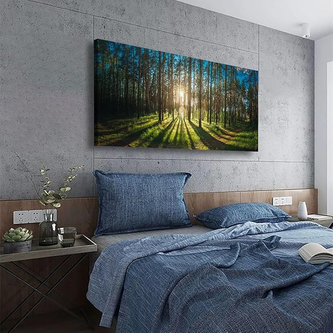 Sunrise Forest Pictures Canvas Wall Art for Living room Office Bedroom Wall Decor,Forest Wall Art Print Paintings Modern Green Nature Landscape Artwork Waterproof Ready to Hang-28x57 inch