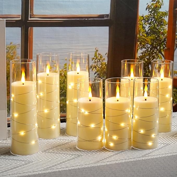 Flameless LED Candles with Timer 9 Pc Flickering Flameless Candles for Romantic Ambiance and Home Decoration Stable Acrylic Shell,with Embedded Star String，Battery Operated Candles（Ivory）