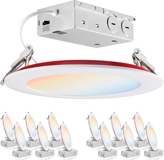 PARMIDA (12 Pack) 6 Inch 2HR Fire Rated LED Recessed Light, ETL, 5 Color Selectable 2700/3000/3500/4000/5000K, 12W Dimmable UltraThin Canless Wafer Slim Panel Downlight, Wet/IC Rated, No Tenmat Needed