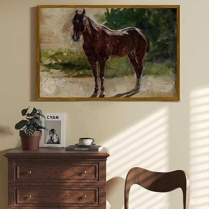 crmotu Vintage Framed Wall Art, Still Life Horse Large Artwork, Animal Landscape Canvas Prints, Antique Aesthetic Pictures Wall Decor Living Room Bedroom Farmhouse Home Office Decorations 24x36in
