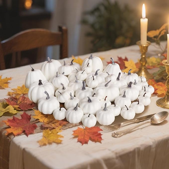 winemana 46 Pcs Assorted Size Artificial Pumpkins Fall Decorations, White Foam Pumpkin Autumn Decor, Decorative Faux Pumpkin for Halloween Thanksgiving Table Centerpiece Mantle Bowl Wedding Party
