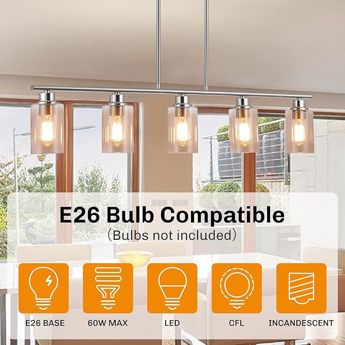 Kitchen Island Light, 5-Light Pendant Lighting, Farmhouse Dining Room Light Fixtures for Kitchen Island Dining Living Room, Brushed Nickel with Clear Glass Shade