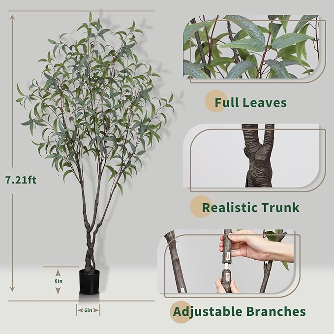 Artificial Eucalyptus Tree 7ft(84in) Faux Floor Potted Tree for Indoor Decor Large Realistic Trees Plants with Silk Leaves and Natural Wood Trunk for Home Living Room,Office Foyer Decor.