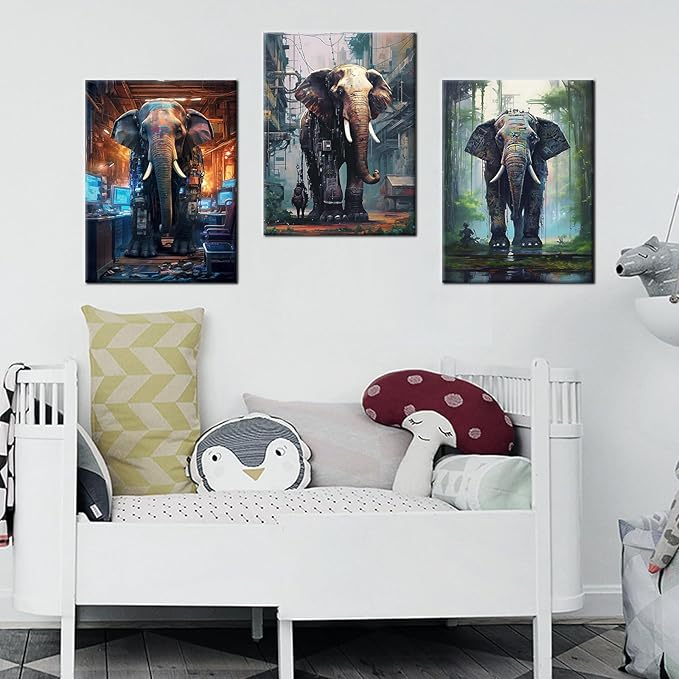 Animal Canvas Wall Art Cyberpunk Style Giant Machine Elephant HD Picture Painting Theme Abstract Poster Print Wall Decor for Modern Home Bathroom Kitchen Workplace Ready to Hang [36''W x 16''H]