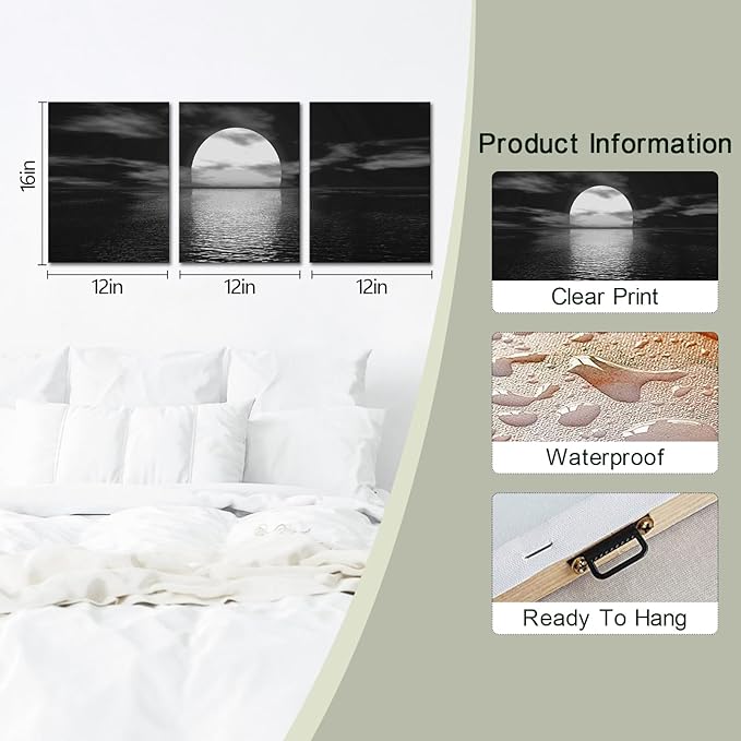 SkenoArt 3 Piece Black and White Bathroom Canvas Wall Decor Ocean Under Moonlight Painting Print Full Moon Seascape Picture Artwork for Home Bedroom Living Room Wall Decor Easy to Hang 12"x16"x3 PCS