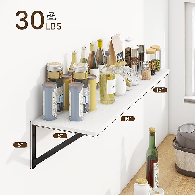 Fun Memories Deep Floating Shelves for Wall, 16W x 8D Wall Mounted Shelves Set of 2, Wide Display Ledge Shelf with Sturdy Metal Brackets for Living Room, Bathroom, Bedroom and Kitchen, White