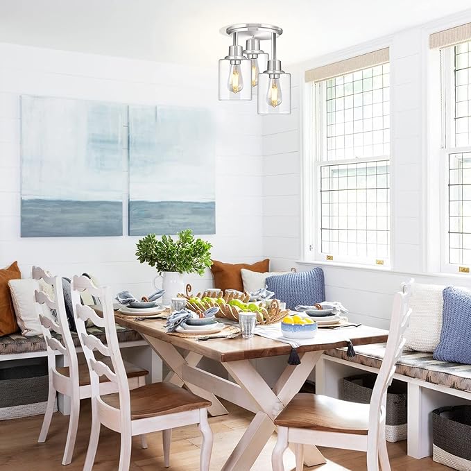 ROTTOGOON Semi Flush Mount Ceiling Light, 3 Light Close to Ceiling Light Fixtures, Brushed Nickel Finish Kitchen Light Fixtures with Clear Glass Shades, Modern Hallway Lights Fixtures Ceiling Mount