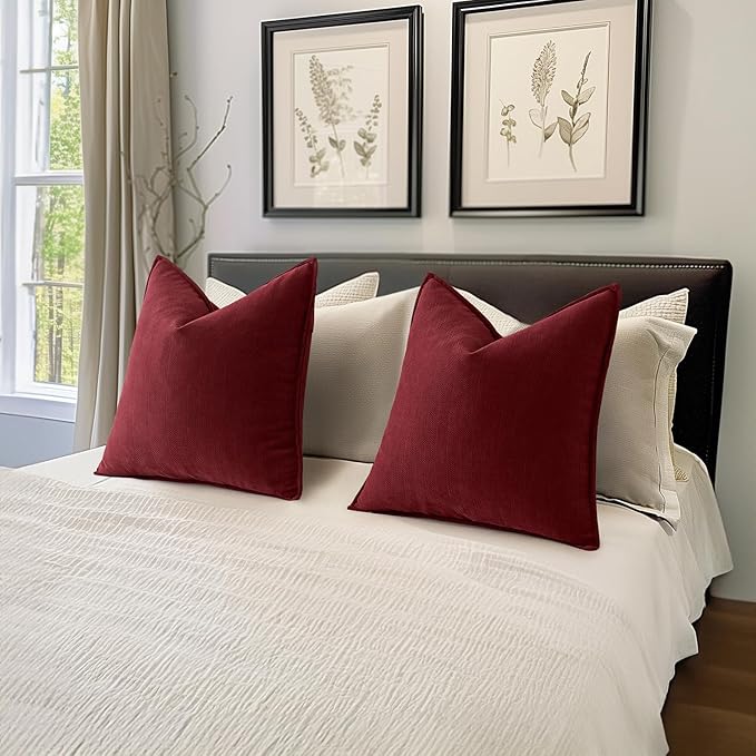 MIULEE Pack of 2 Burgundy Decorative Pillow Covers 18x18 Inch Soft Chenille Luxurious Couch Throw Pillows Farmhouse Cushion Covers with Elegant Design for Sofa Bedroom Living Room Home Decor