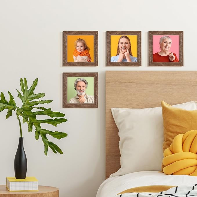 Fun Memories 4x4 Picture Frame, Solid White Oak Wood Frame 4 by 4, 4 x 4 Square Photo Frame with Tempered Real Glass, Rustic Wooden Frame 4"" x4 for Wall & Tabletop Display, Walnut Color, Set of 4