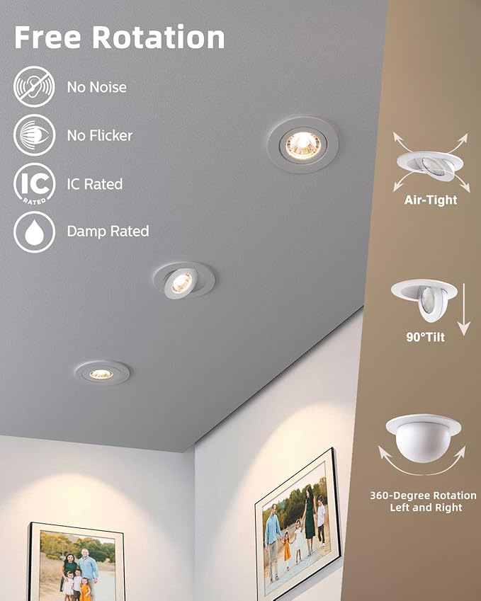 zouzai 4 inch 5CCT LED Gimbal Led Recessed Light with Junction Box, 360°+90° Adjustable Directional Eyeball Lighting, Dimmable, 2700K/3000K/3500K/4000K/5000K, 960LM, 10W=90W-ETL&Energy Star【 6 Pack 】