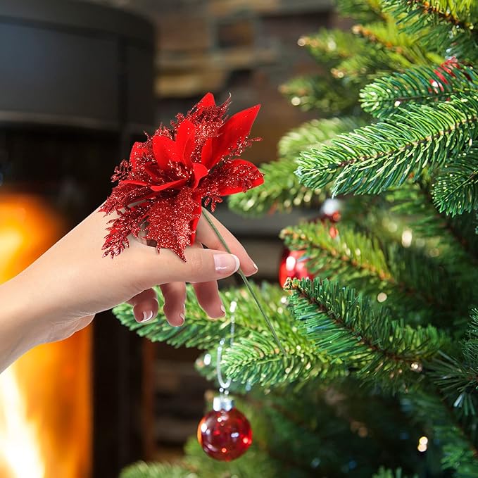 Christmas Poinsettia Artificial Flowers Decorations 5.5" Christmas Tree Wreaths Garland Decoration 12 Pcs Glitter Flowers Picks Decor for Xmas New Year Wedding Party Ornaments (Red Gold)