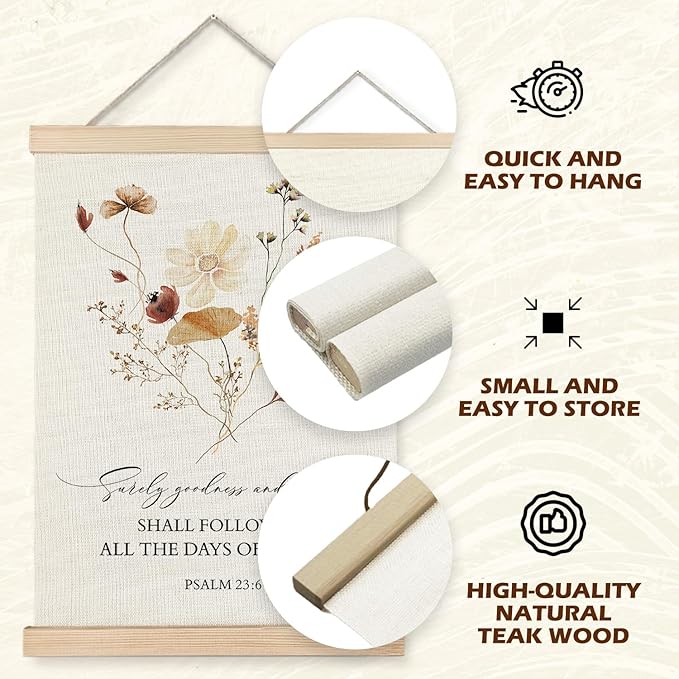 Supwhd Boho Floral Christian Wall Art with Wooden Poster Hanger, Goodness and Mercy Shall Follow Me Posters Wall Art Decor, Christian Wall Decor for Home Room, 16x24