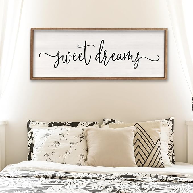 Surfapans Sweet Dreams Wall Decor Above Bed 32"x12" Master Bedroom Guest Room Wood Framed Rustic Over Bed Wall Art Sign (Wood)