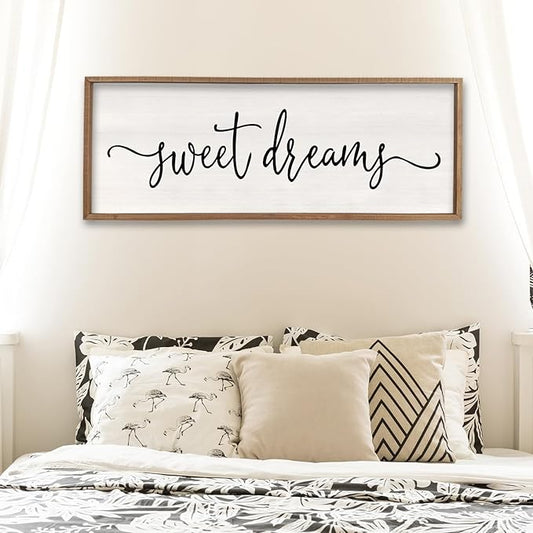 Surfapans Sweet Dreams Wall Decor Above Bed 32"x12" Master Bedroom Guest Room Wood Framed Rustic Over Bed Wall Art Sign (Wood)