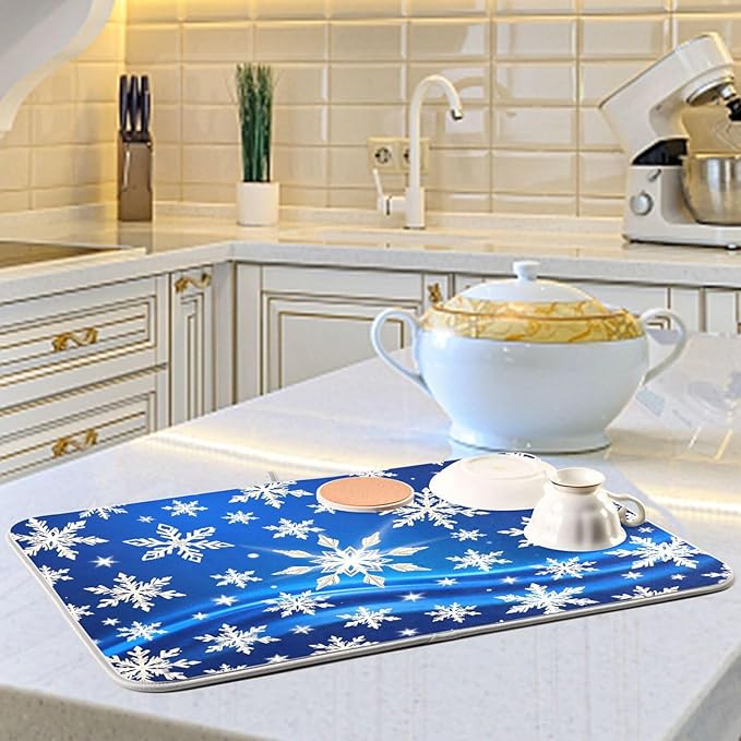 Christmas Blue Snowflakes Dish Drying Mat for Kitchen Counter 18 x 24 Snow Flakes Microfiber Dry Dishes Mats Drainer Mat Dish Drying Pad for Countertops