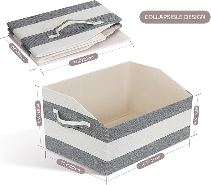 Linen Closet Organizers and Storage, Trapezoid Fabric Bins, Home Office Organization Baskets Striped Collapsible Box with Handles for Clothes, Blanket, Books, DVD, 4 Pack, Black/White