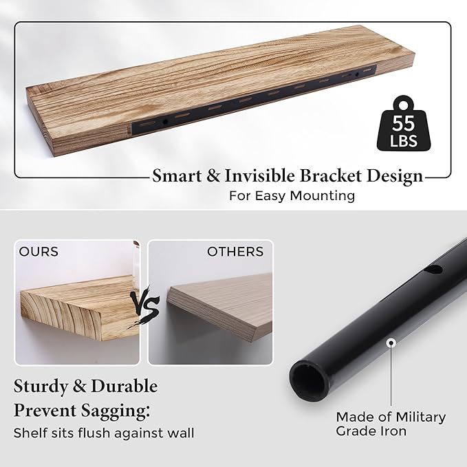 Axeman Floating Shelves, 8 Inch Deep Modern Solid Wood Wall Shelves for Storage, Wall Mounted Display Shelving with Invisible Heavy-Duty Metal Bracket, 36" W x 8" D x 1.6" H, Light Carbonized