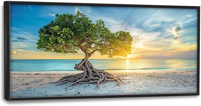 Beach Tree Large Framed Wall Art Sunrise Coastal Sea Pictures Oversized Tree of Life Wall Decor Canvas Print Painting Aesthetic Modern Artwork for Living Room Bedroom Office Bathroom Home Decor 60L"x30W"