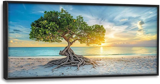 Beach Tree Large Framed Wall Art Sunrise Coastal Sea Pictures Oversized Tree of Life Wall Decor Canvas Print Painting Aesthetic Modern Artwork for Living Room Bedroom Office Bathroom Home Decor 60L"x30W"