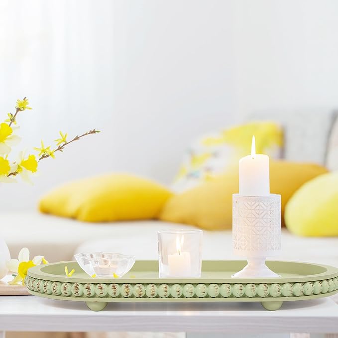 HPC Decor 15in Oval Tray for Home Decor - Green Wood Beaded Tray - Decorative Serving Tray,Rustic Farmhouse Wooden Trays for Vintage Centerpiece,Kitchen Counter,Living Room Decor,Coffee Table Decor.