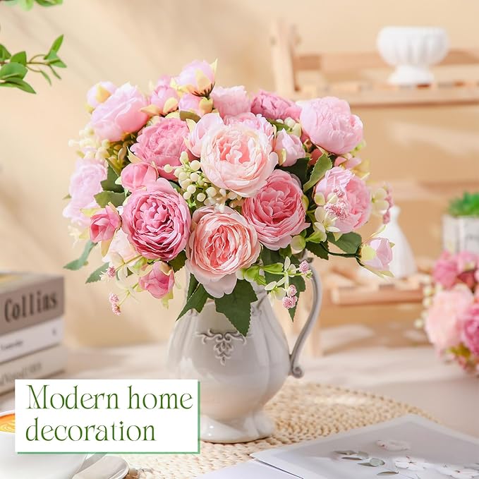 Geosar 8 Bundles Artificial Peonies Flowers Fake Silk Peony Bouquet Faux Peonies Flowers Bulk for Decoration Vase Florals Arrangements Wedding Party Table (Russet Red,Light Pink)