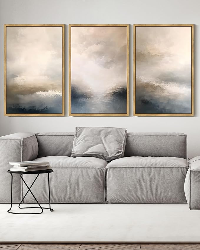 KUVIOKE Boho Abstract Wall Art Framed Minimalist Beige Gray Prints Watercolor Neutral Rustic Artwork Hallway Bedroom Living Room Decor 16x24in (Natural Framed)